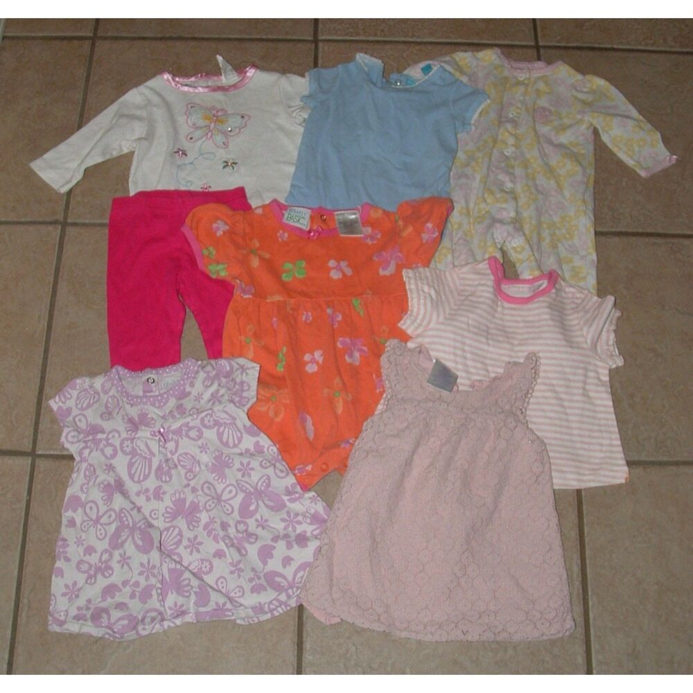 Baby Girls 6-9 Months Pants, Shirts, Dresses, Sleeper & Romper 8 Pc Assorted Lot
